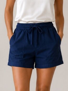Shorts High Waist Lux Look Cargo Style Classic Coastal Tie Waist Navy Blue Large